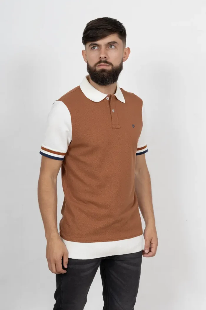 Camiseta de Hombre Tipo Polo Pique texturizado, Classic Fit Manga Corta. Cuello Rayas. Caki