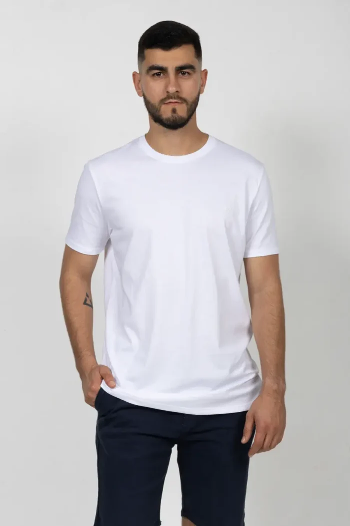 Camiseta Básica de Hombre, Slim Fit Cuello Redondo – 100% Algodón Premium. Blanco