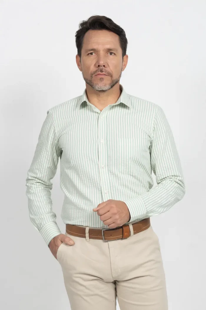 Camisa de Hombre, Classic Slim Fit Manga Larga - Rayas. Verde Claro