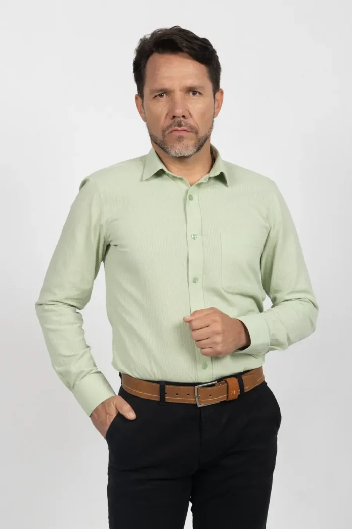 Camisa de Hombre, Classic Slim Fit Manga Larga. Verde Claro