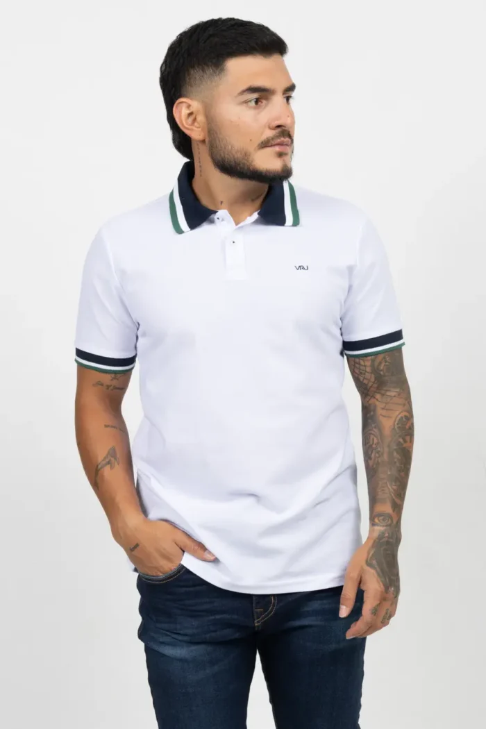 Camiseta Tipo Polo de Hombre, 65% poliéster 35% algodón. Blanco