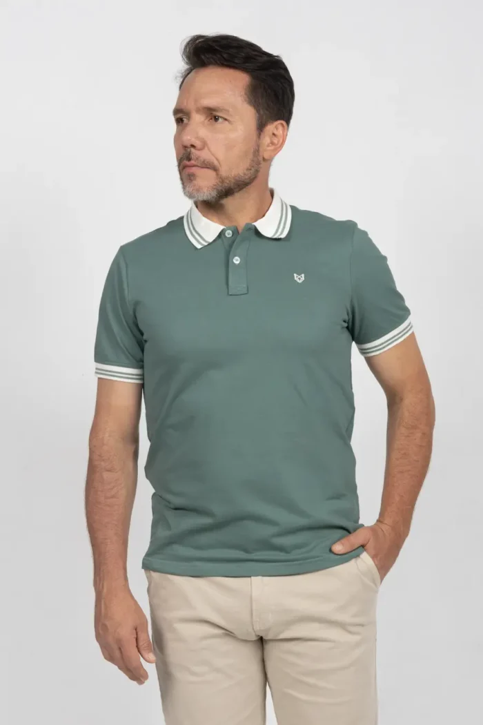 Camiseta de Hombre Tipo Polo, Classic Fit Manga Corta. Cuello Rayas. Verde Jade