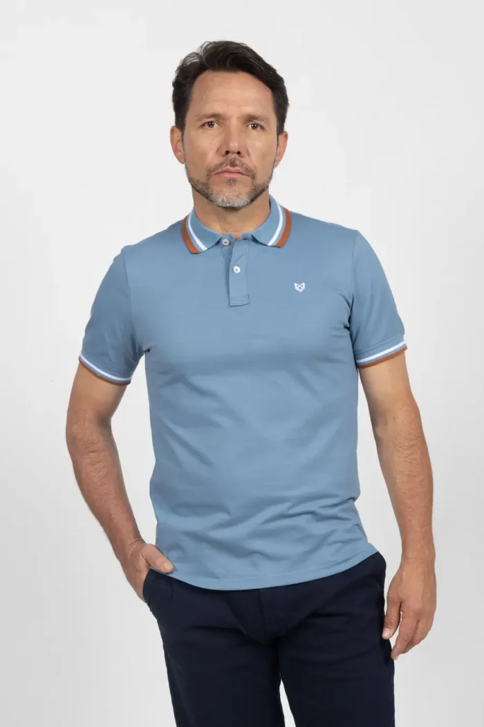 Camiseta de Hombre Tipo Polo, Classic Fit Manga Corta. Cuello Rayas. Azul Jo