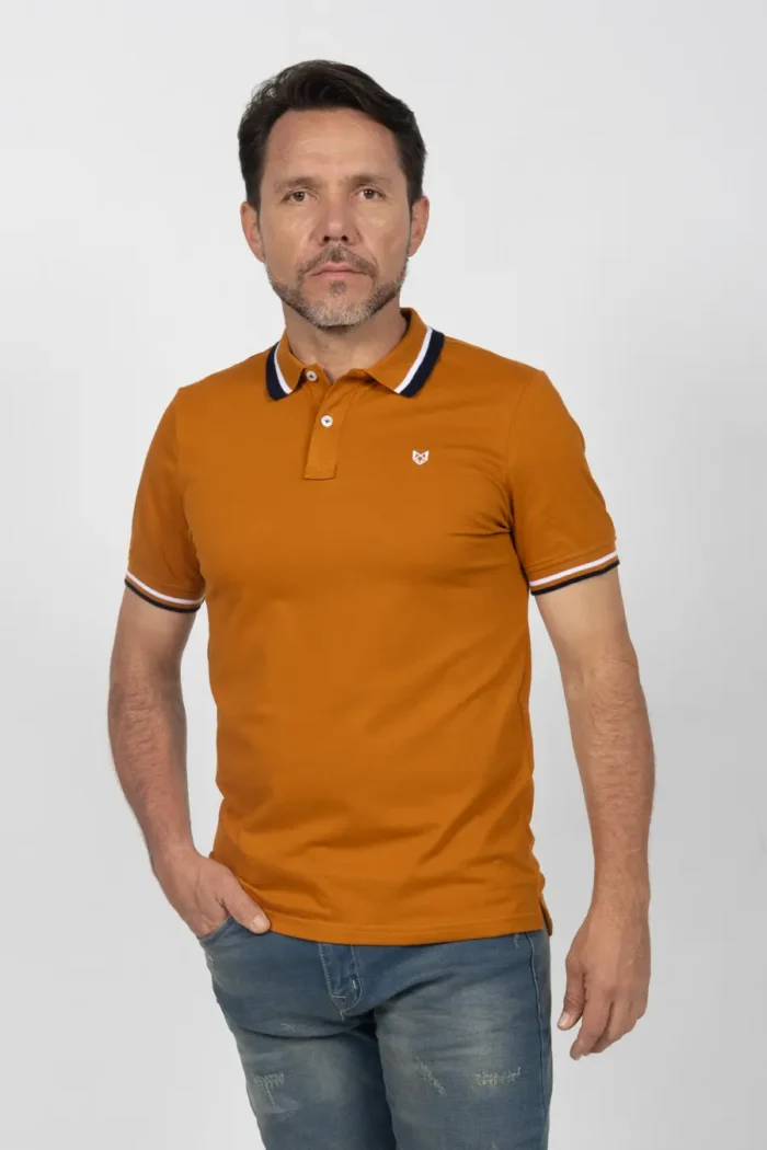 Camiseta de Hombre Tipo Polo, Classic Fit Manga Corta. Cuello Rayas. Naranja jo