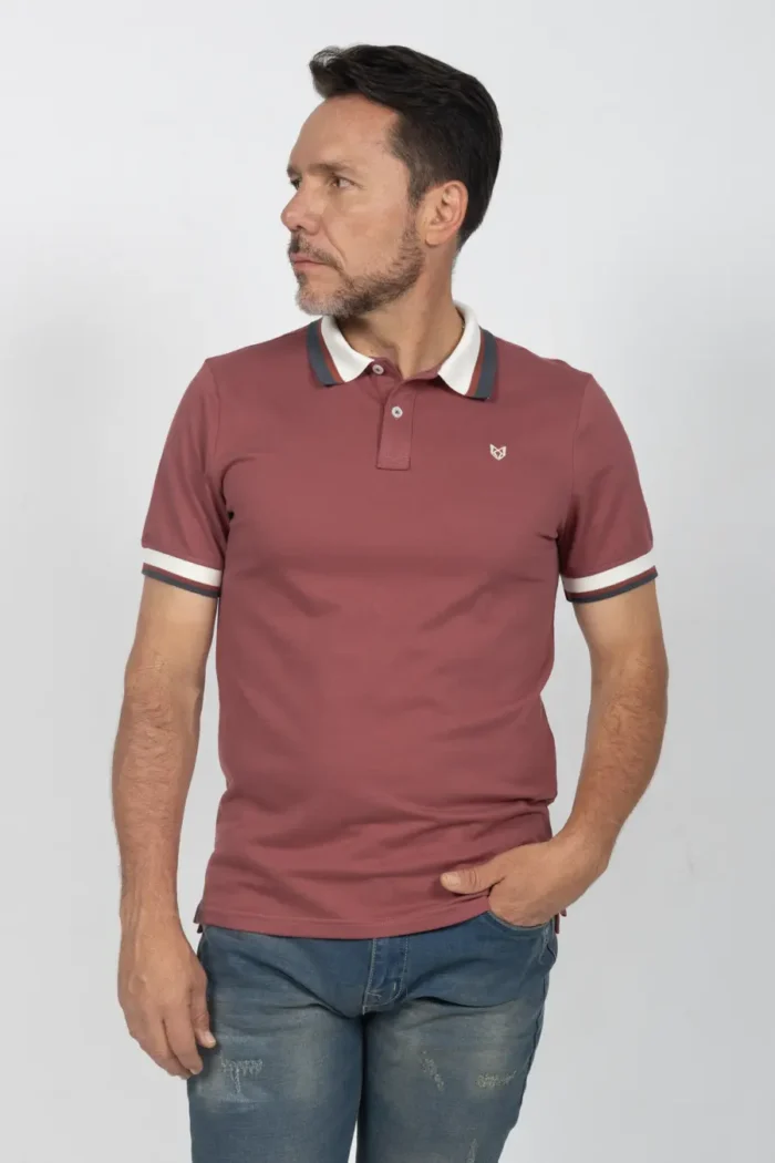 Camiseta de Hombre Tipo Polo, Classic Fit Manga Corta. Cuello Rayas. Granate Claro