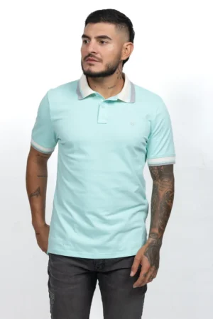 Camiseta de Hombre Tipo Polo, Classic Fit Manga Corta. Cuello Rayas. Turqueza