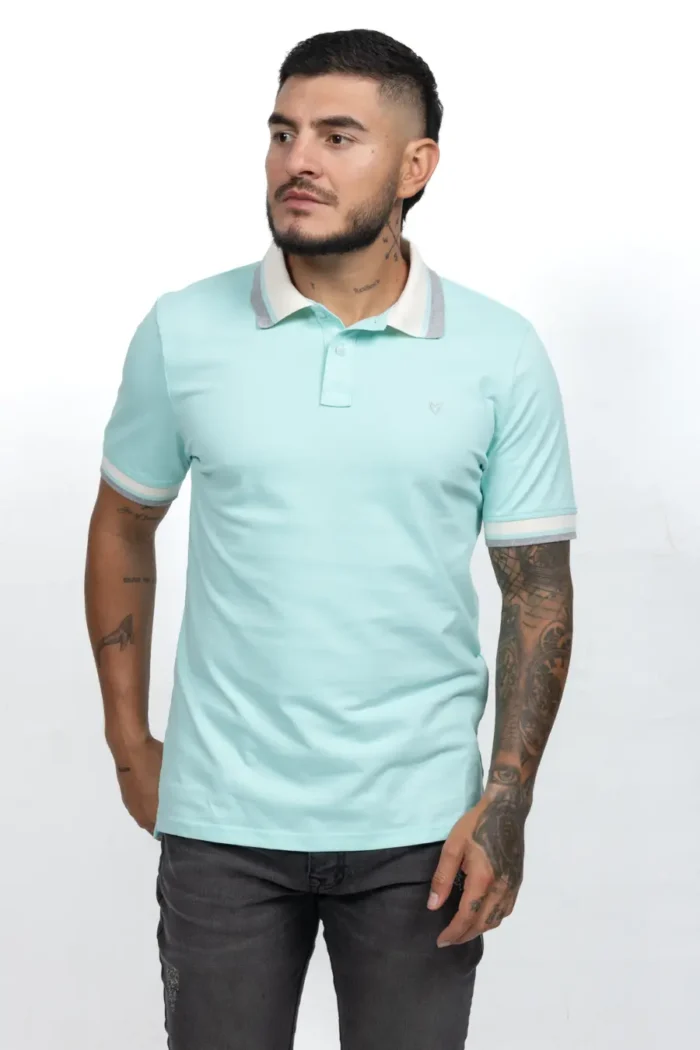 Camiseta de Hombre Tipo Polo, Classic Fit Manga Corta. Cuello Rayas. Turqueza