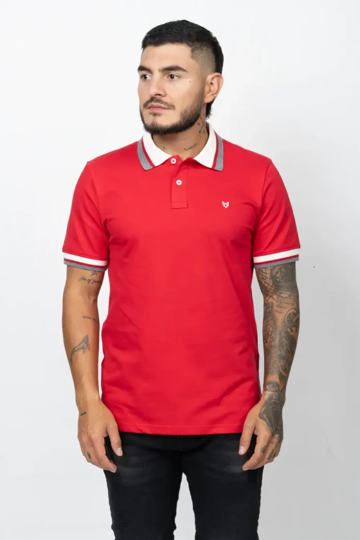 Camiseta de Hombre Tipo Polo, Classic Fit Manga Corta. Cuello Rayas. Rojo