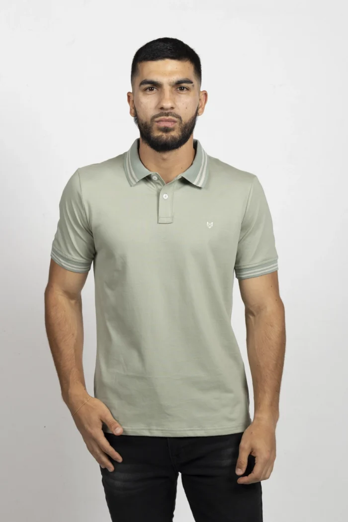 Camiseta de Hombre Tipo Polo, Classic Fit Manga Corta. Cuello Rayas. Verde Claro