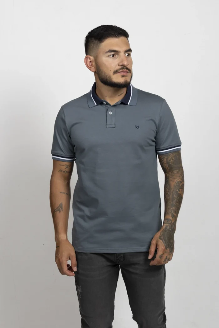 Camiseta de Hombre Tipo Polo, Classic Fit Manga Corta. Cuello Rayas. Azul Petroleo