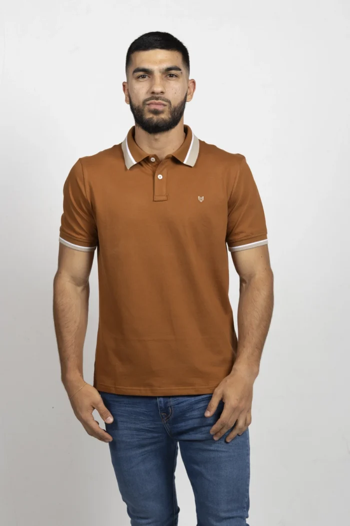 Camiseta de Hombre Tipo Polo, Classic Fit Manga Corta. Cuello Rayas. Caki