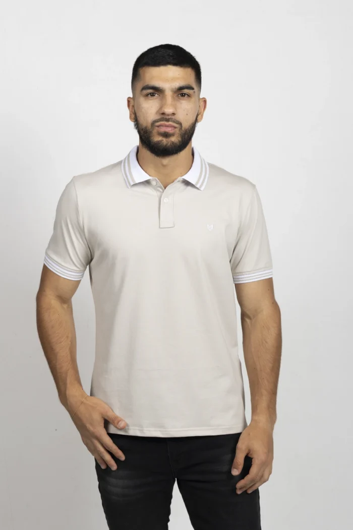 Camiseta de Hombre Tipo Polo, Classic Fit Manga Corta. Cuello Rayas. Gris Claro