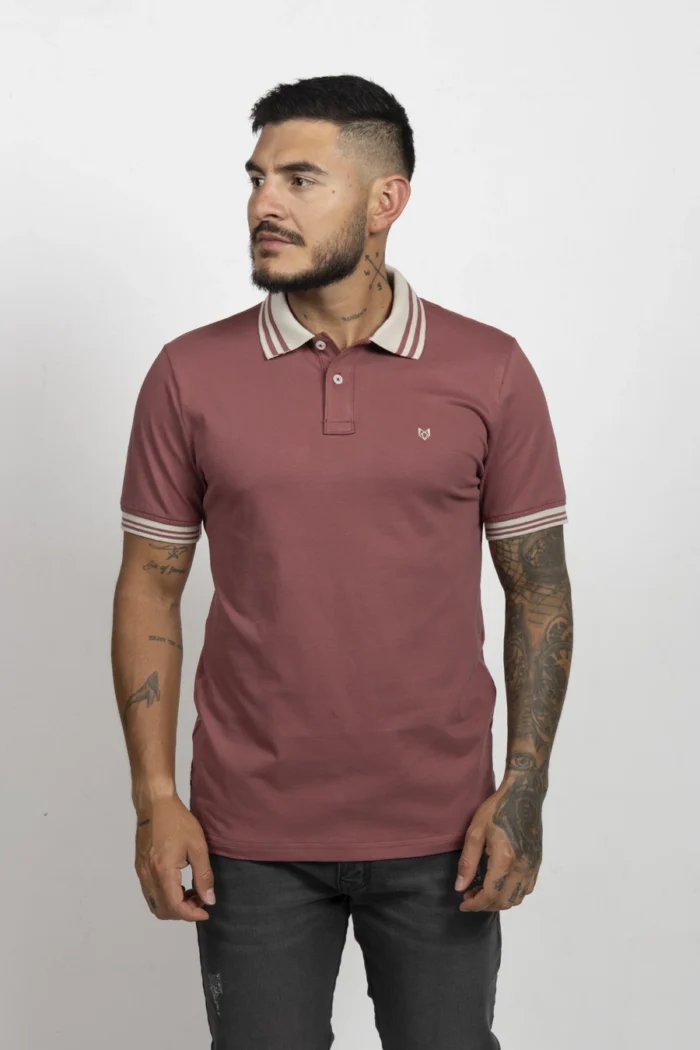 Camiseta de Hombre Tipo Polo, Classic Fit Manga Corta. Cuello Rayas. Granate Claro