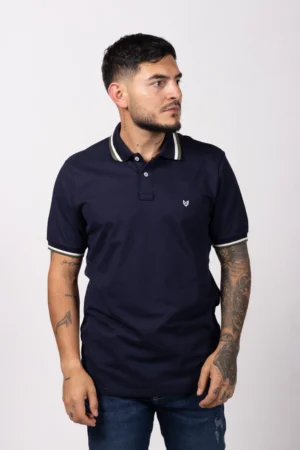 Camiseta de Hombre Tipo Polo, Classic Fit Manga Corta. Cuello Rayas. Azul Oscuro